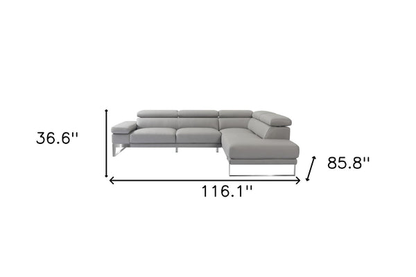 HomeRoots Light Gray Italian Leather L-Shaped Sectional Sofa with Chaise – Modern Comfort & Style Awaits! 565012