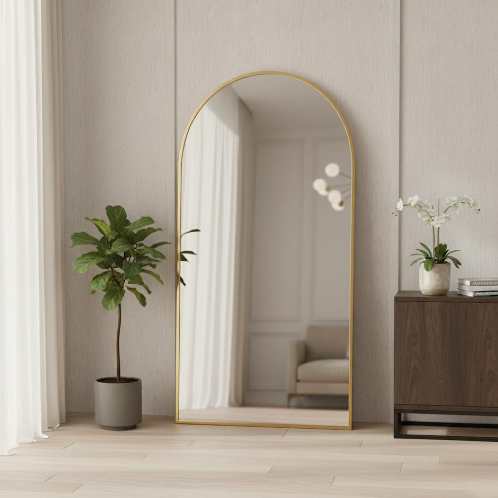 HomeRoots 71" Gold Metal Arch Full-Length Mirror - Elegant Leaning Design for Stylish Homes & Businesses 565019