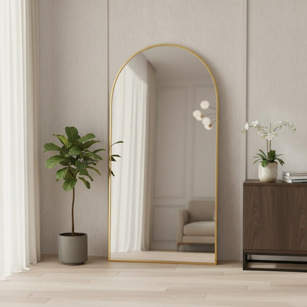 HomeRoots 71" Gold Metal Arch Full-Length Mirror - Elegant Leaning Design for Stylish Homes & Businesses 565019