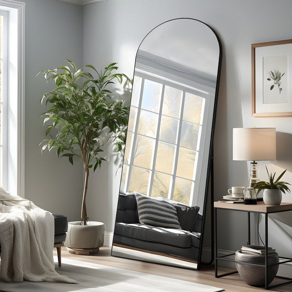 HomeRoots 67" Black Solid Wood Arched Full-Length Mirror – Stylish, Freestanding Design for Any Space 565024