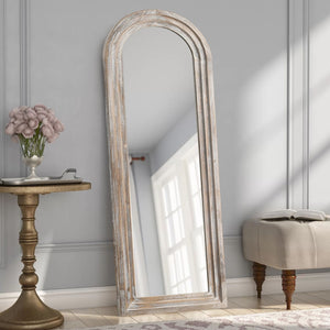 HomeRoots 64" Elegant White Solid Wood Freestanding Arch Mirror - Perfect for Bedrooms & Entryways, Chic Design 565026