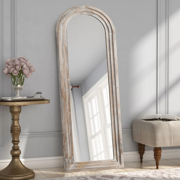 HomeRoots 64" Elegant White Solid Wood Freestanding Arch Mirror - Perfect for Bedrooms & Entryways, Chic Design 565026