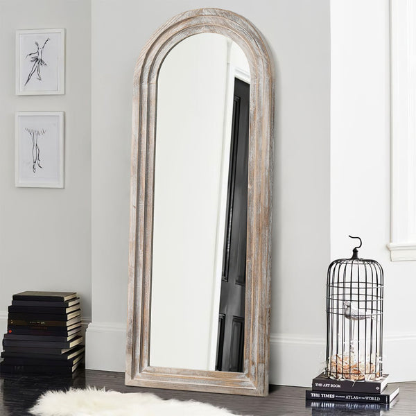 HomeRoots 64" Elegant White Solid Wood Freestanding Arch Mirror - Perfect for Bedrooms & Entryways, Chic Design 565026