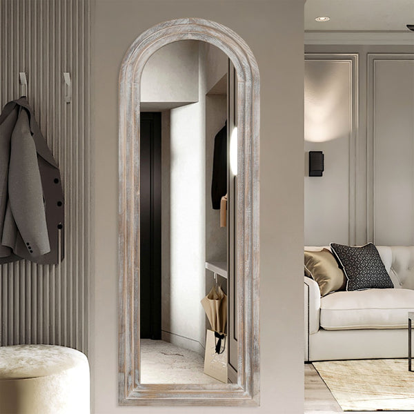 HomeRoots 64" Elegant White Solid Wood Freestanding Arch Mirror - Perfect for Bedrooms & Entryways, Chic Design 565026