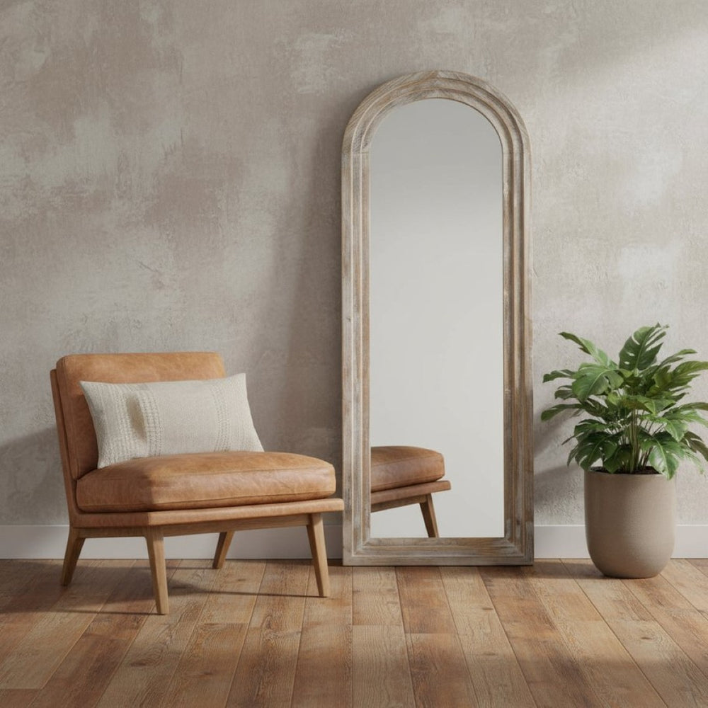 HomeRoots 64" Elegant White Solid Wood Freestanding Arch Mirror - Perfect for Bedrooms & Entryways, Chic Design 565026