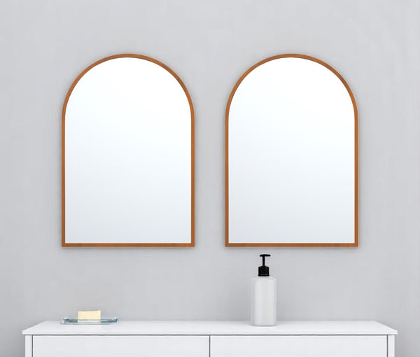 HomeRoots Set of Two Elegant Walnut Arch Mirrors - Premium Reflective Glass for Bathrooms & Living Spaces 565028