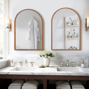 HomeRoots Set of Two Elegant Walnut Arch Mirrors - Premium Reflective Glass for Bathrooms & Living Spaces 565028
