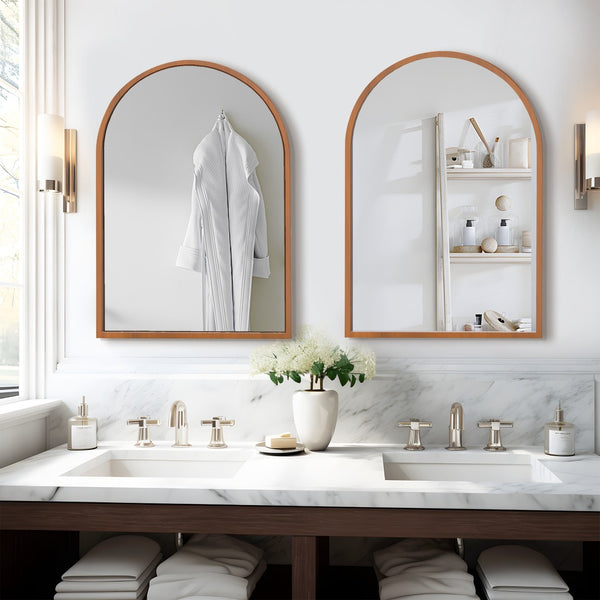 HomeRoots Set of Two Elegant Walnut Arch Mirrors - Premium Reflective Glass for Bathrooms & Living Spaces 565028