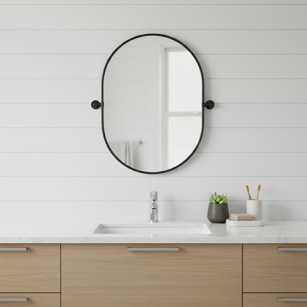 HomeRoots 32" Modern Black Oval Iron Framed Mirror - Stylish, Versatile, and Durable for Home Decor Elegance 565030