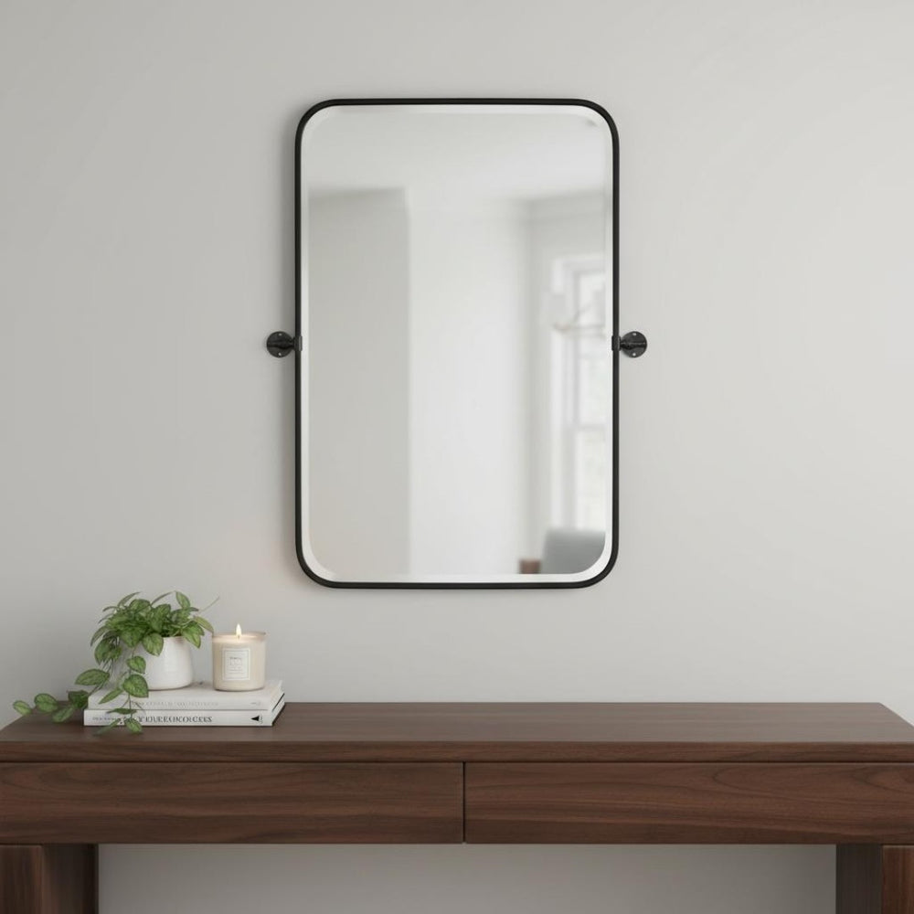 HomeRoots 36" Sleek Black Metal Adjustable Accent Mirror - Modern Industrial Design with Shatter-Resistant Glass 565031