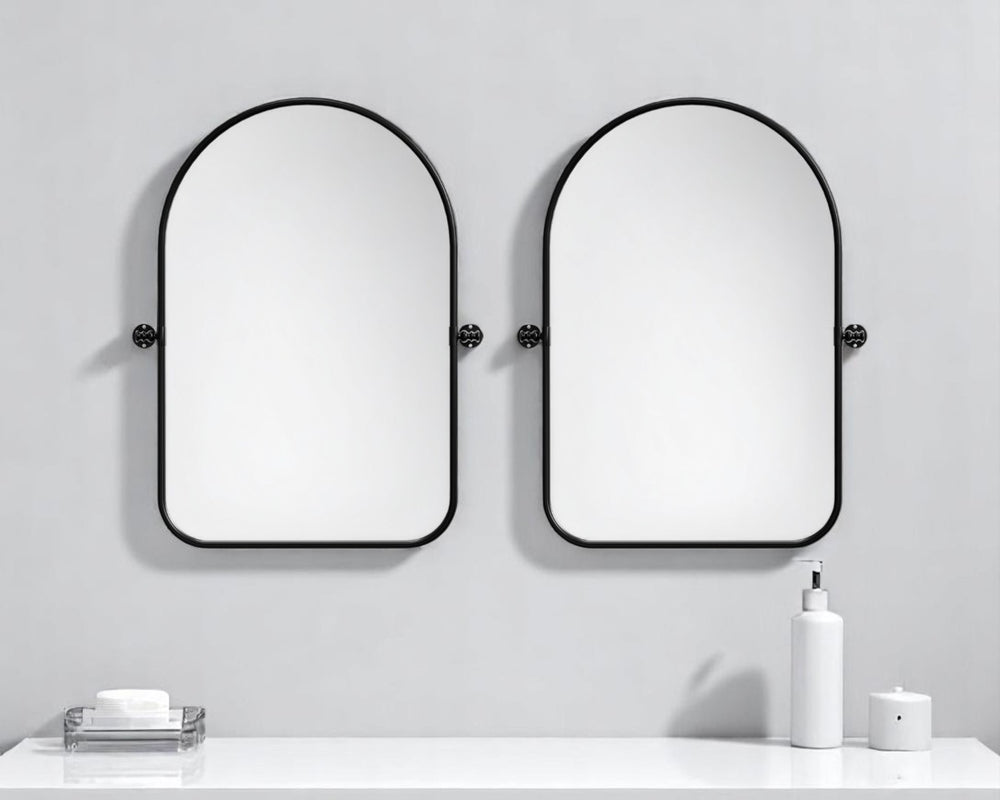 HomeRoots Set of Two Stylish Black Iron Arched Vanity Mirrors with Tilting Design for Versatile Placement 565033