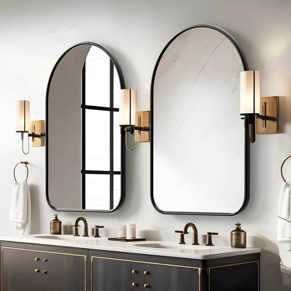 HomeRoots Set of Two Arched Black Iron Framed Mirrors - Modern Bathroom Decor for Elegance & Versatility 565034