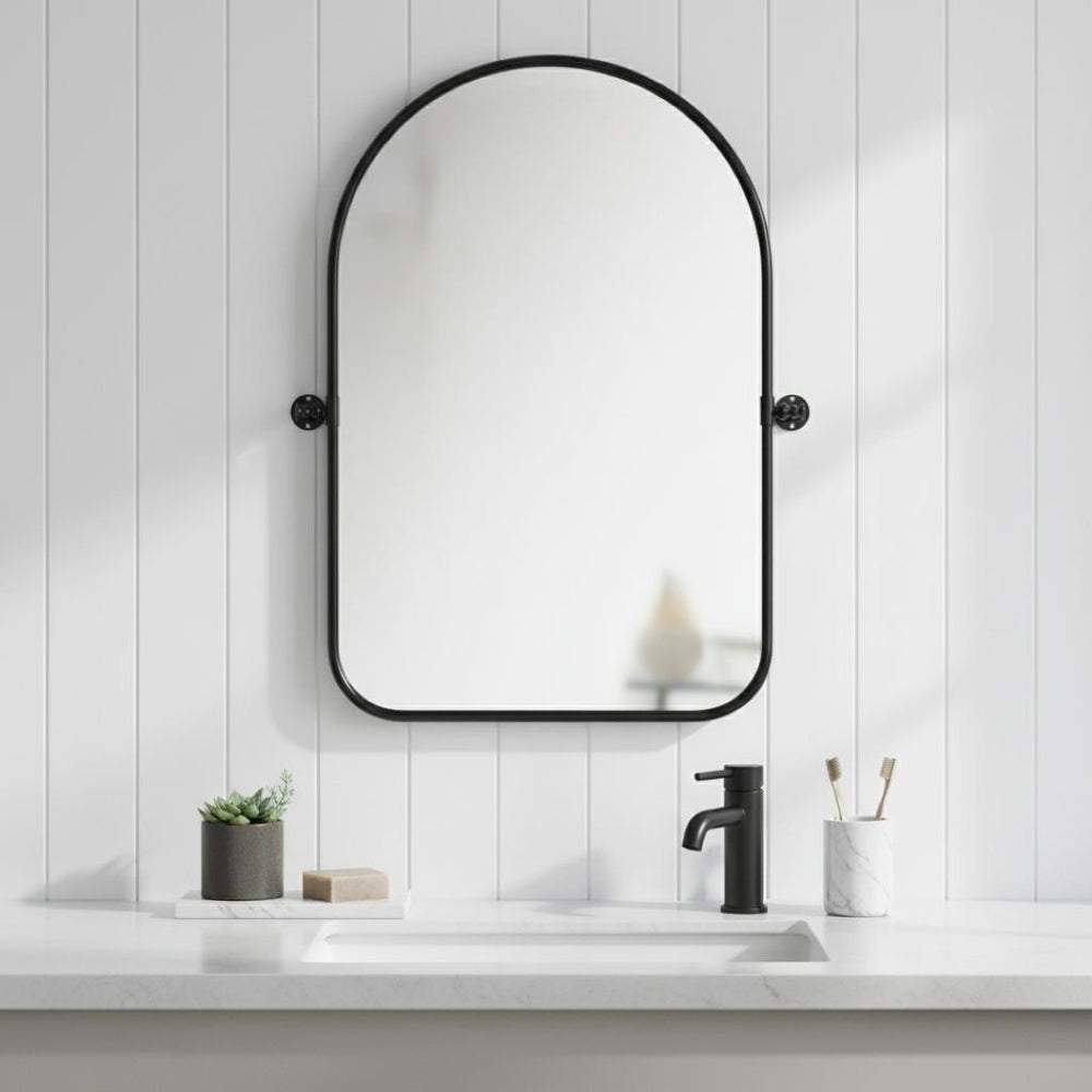 HomeRoots 36" Gold Arch Iron Framed Vanity Mirror – Elegant Design for Bathroom, Entryway & Living Spaces 565036