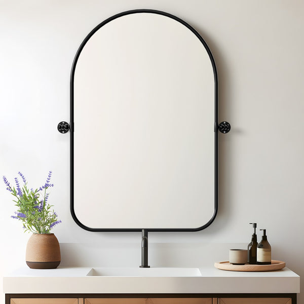 HomeRoots 32" Black Iron Arch Mirror – Stylish Tilting Vanity Accent for Bathrooms, Entryways & Decor Spaces 565037