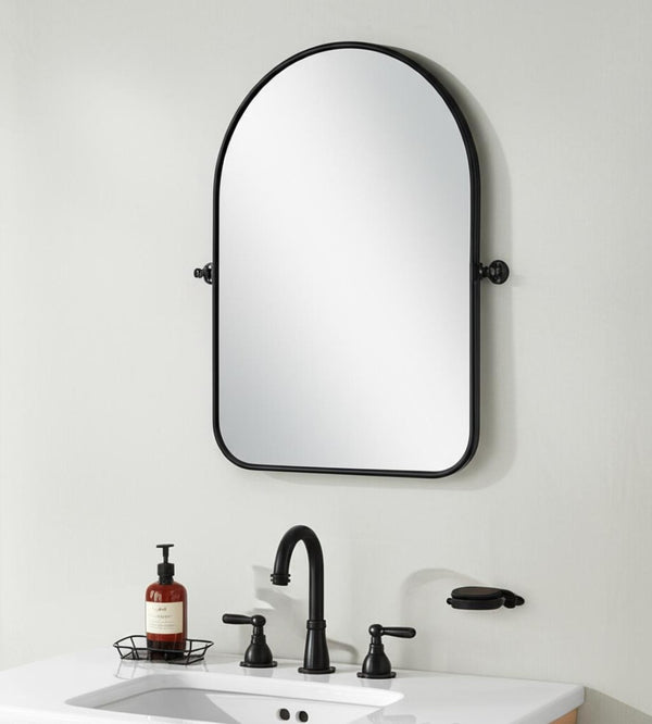 HomeRoots 32" Black Iron Arch Mirror – Stylish Tilting Vanity Accent for Bathrooms, Entryways & Decor Spaces 565037