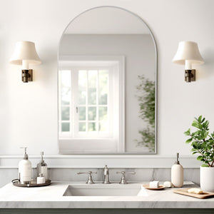 HomeRoots 36" Elegant Silver Arch Aluminum Framed Bathroom Vanity Mirror - Durable, Stylish, Ready to Hang! 565040