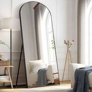 HomeRoots 67" Elegant Black Solid Wood Freestanding Arched Full-Length Mirror for Stylish Home Décor & Functionality 565043