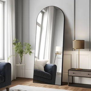 HomeRoots 67" Elegant Black Solid Wood Freestanding Arched Full-Length Mirror for Stylish Home Décor & Functionality 565043