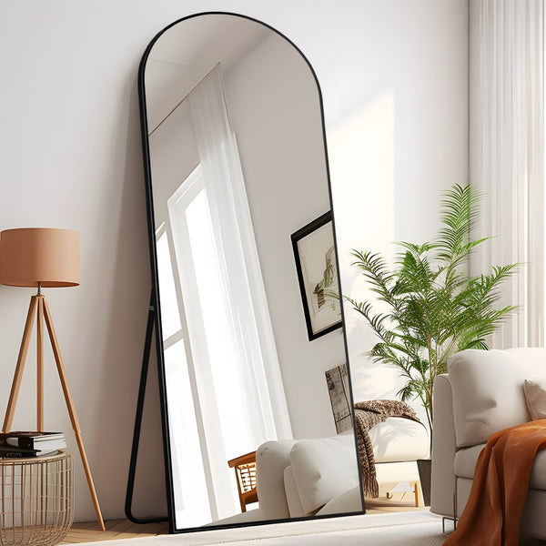HomeRoots 67" Elegant Black Solid Wood Freestanding Arched Full-Length Mirror for Stylish Home Décor & Functionality 565043