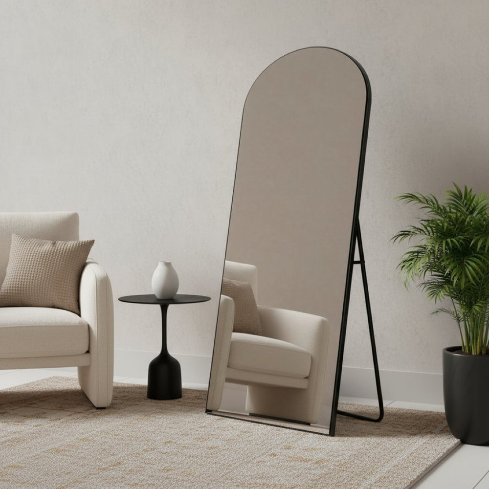 HomeRoots 67" Elegant Black Solid Wood Freestanding Arched Full-Length Mirror for Stylish Home Décor & Functionality 565043