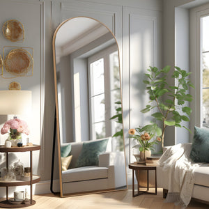 HomeRoots 67" Gold Solid Wood Arched Full-Length Mirror – Elegant Freestanding Design for Any Room Decor 565044