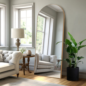 HomeRoots 67" Gold Solid Wood Arched Full-Length Mirror – Elegant Freestanding Design for Any Room Decor 565044