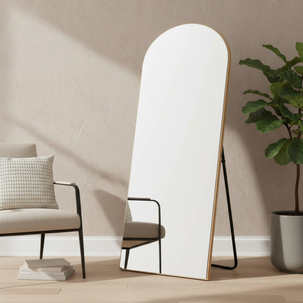 HomeRoots 67" Gold Solid Wood Arched Full-Length Mirror – Elegant Freestanding Design for Any Room Decor 565044