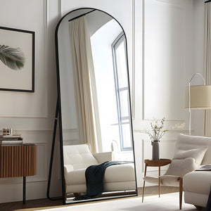 HomeRoots 71" Black Solid Wood Freestanding Arched Full-Length Mirror - Elegant Design for Any Space 565045