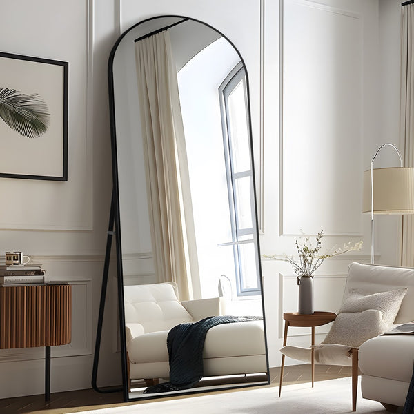 HomeRoots 71" Black Solid Wood Freestanding Arched Full-Length Mirror - Elegant Design for Any Space 565045