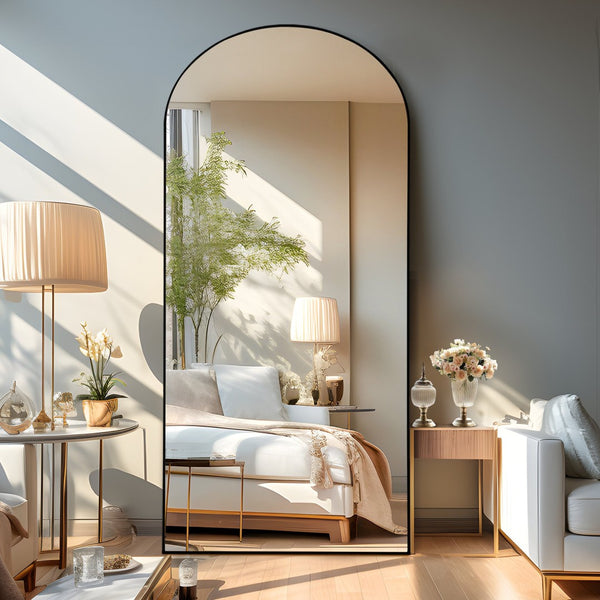 HomeRoots 71" Black Solid Wood Freestanding Arched Full-Length Mirror - Elegant Design for Any Space 565045