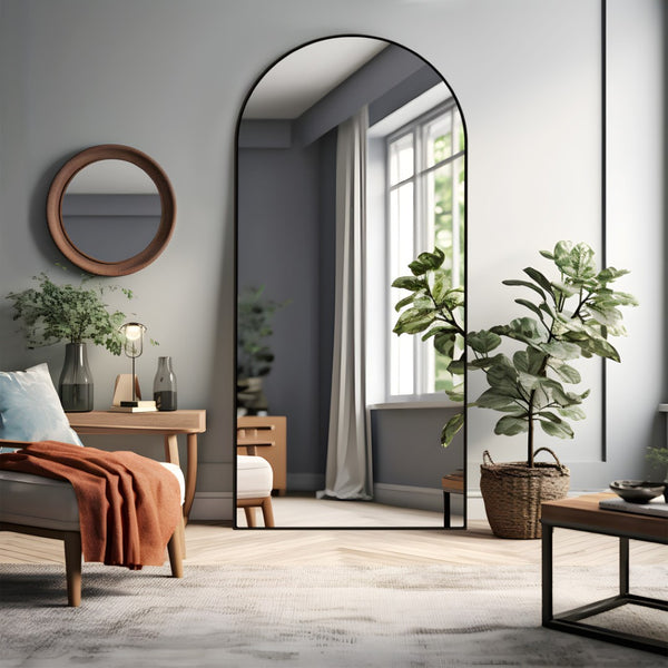 HomeRoots 71" Black Solid Wood Freestanding Arched Full-Length Mirror - Elegant Design for Any Space 565045