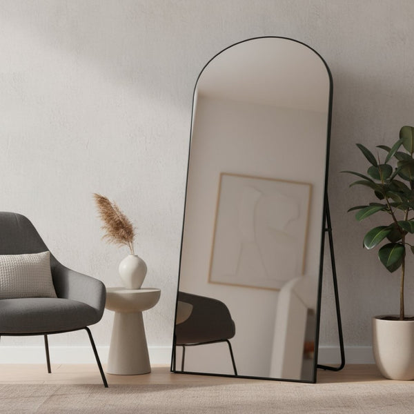 HomeRoots 71" Black Solid Wood Freestanding Arched Full-Length Mirror - Elegant Design for Any Space 565045