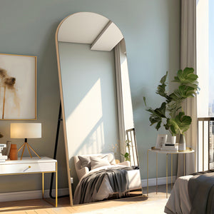 HomeRoots 71" Gold Solid Wood Arched Full-Length Mirror - Elegant Freestanding Design for Home and Office Use 565046
