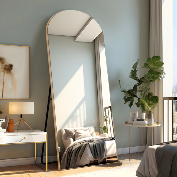 HomeRoots 71" Gold Solid Wood Arched Full-Length Mirror - Elegant Freestanding Design for Home and Office Use 565046