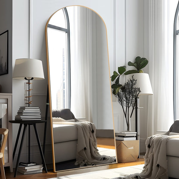 HomeRoots 71" Gold Solid Wood Arched Full-Length Mirror - Elegant Freestanding Design for Home and Office Use 565046