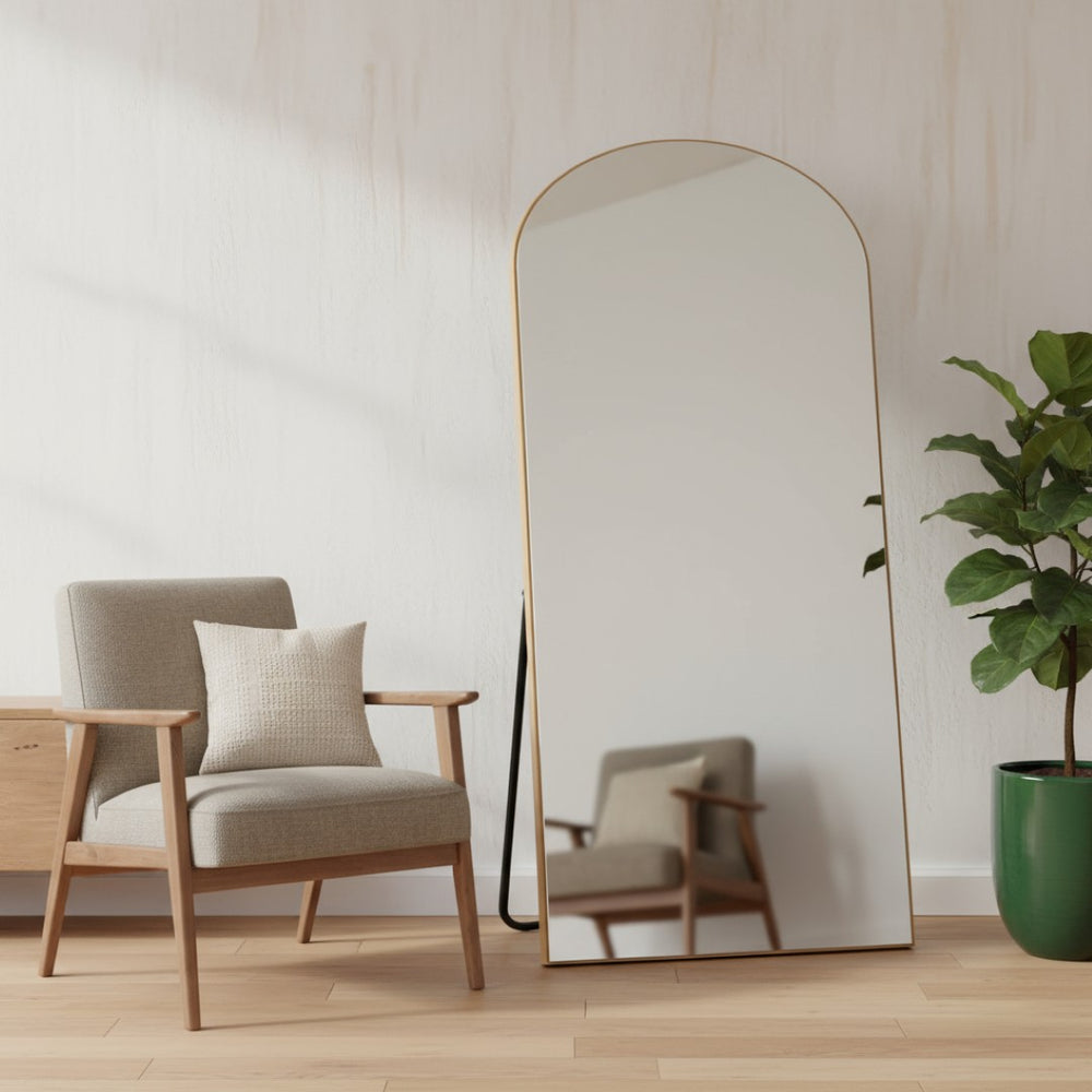HomeRoots 71" Gold Solid Wood Arched Full-Length Mirror - Elegant Freestanding Design for Home and Office Use 565046