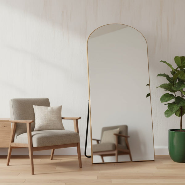 HomeRoots 71" Gold Solid Wood Arched Full-Length Mirror - Elegant Freestanding Design for Home and Office Use 565046