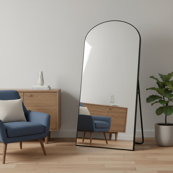 HomeRoots 75" Black Solid Wood Arch Freestanding Mirror - Elegant Full-Length Reflection for Stylish Spaces 565047