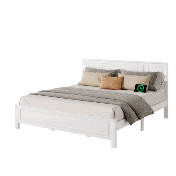 English Elm King Pine Wood Platform Bed with Led Lighting Usb Charging Tall Panel Headboard White W504S00274
