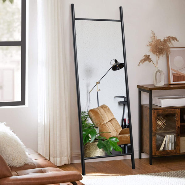 HomeRoots 64" Black Solid Wood Leaning Ladder Mirror - Elegant Full-Length Design for Any Room Decor Style 565050