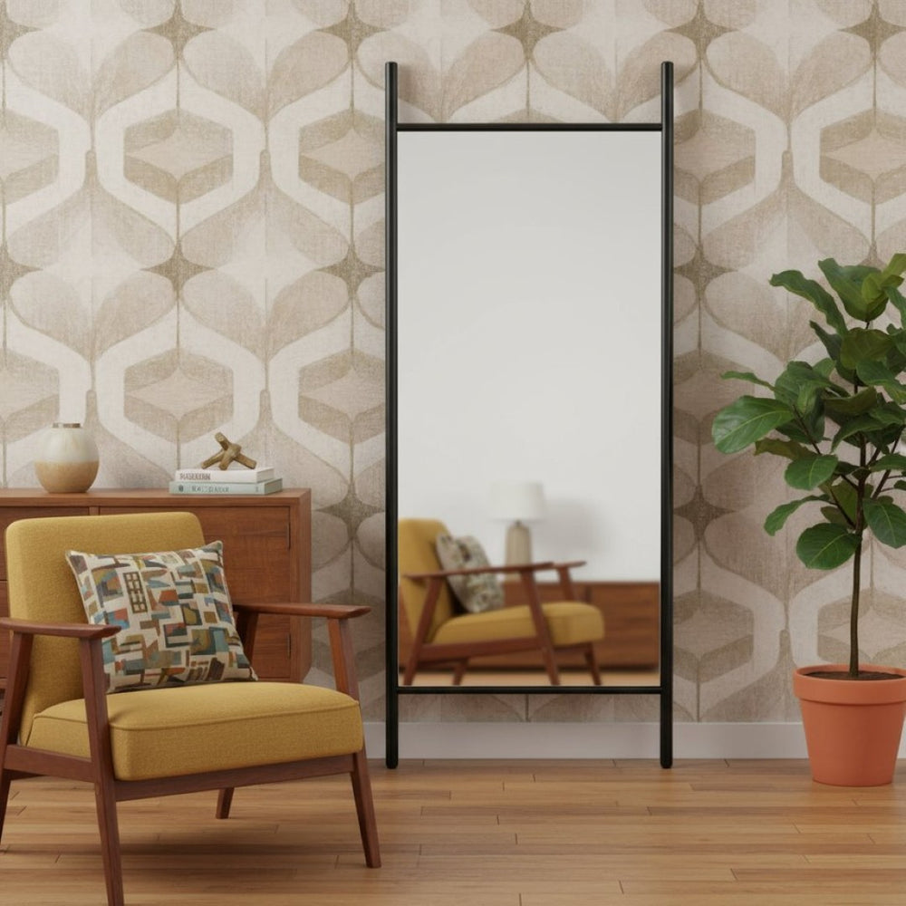 HomeRoots 64" Black Solid Wood Leaning Ladder Mirror - Elegant Full-Length Design for Any Room Decor Style 565050
