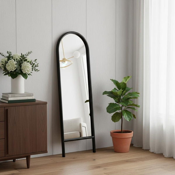 HomeRoots 64" Black Solid Wood Arched Leaning Mirror - Elegant Full-Length Design for Modern Spaces & Decor 565051