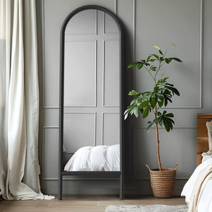 HomeRoots 64" Black Solid Wood Arched Leaning Mirror - Elegant Full-Length Design for Modern Spaces & Decor 565051