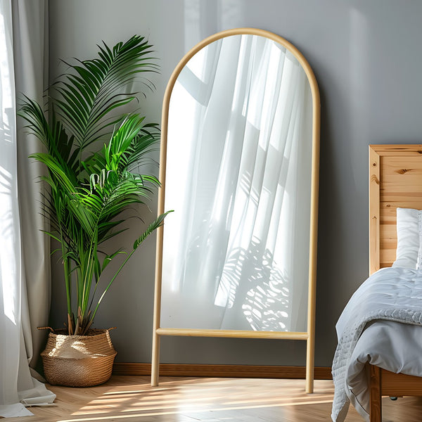 HomeRoots 71" Elegant Natural Solid Wood Arched Full-Length Mirror – Timeless Design for Any Space 565052
