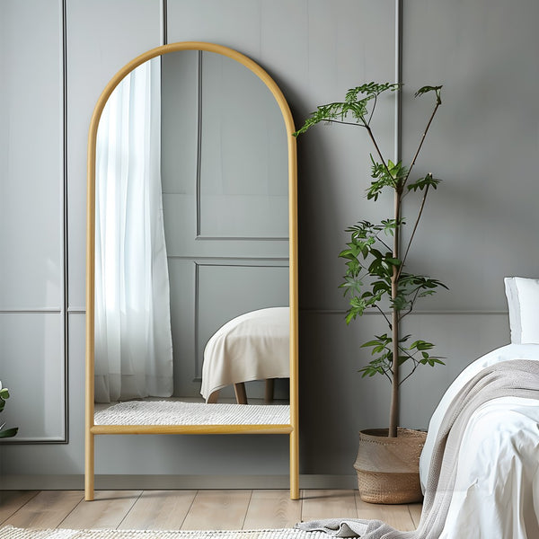 HomeRoots 71" Elegant Natural Solid Wood Arched Full-Length Mirror – Timeless Design for Any Space 565052