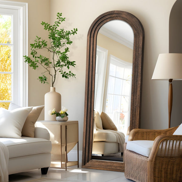 HomeRoots 71" Brown Solid Wood Arch Full-Length Freestanding Mirror - Elegant Design for Any Space 565054