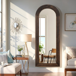 HomeRoots 71" Brown Solid Wood Arch Full-Length Freestanding Mirror - Elegant Design for Any Space 565054