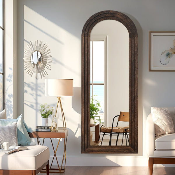 HomeRoots 71" Brown Solid Wood Arch Full-Length Freestanding Mirror - Elegant Design for Any Space 565054