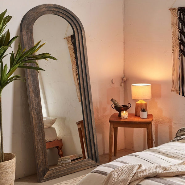 HomeRoots 71" Brown Solid Wood Arch Full-Length Freestanding Mirror - Elegant Design for Any Space 565054