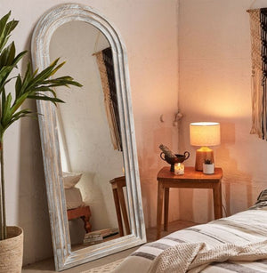 HomeRoots 71" Elegant White Solid Wood Arched Full-Length Mirror - Timeless Charm for Any Space 565055